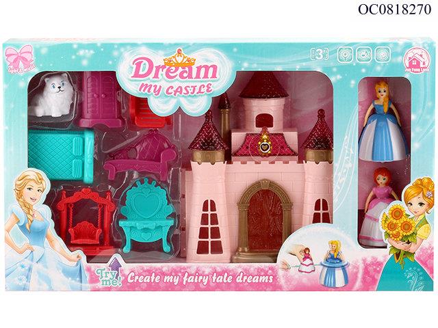 DIY castle with light/12 songs/doll/cat/furniture(2 assorted)