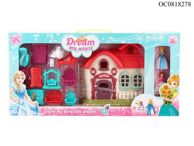 DIY villa with light/12 songs/doll/cat/furniture(2 assorted)